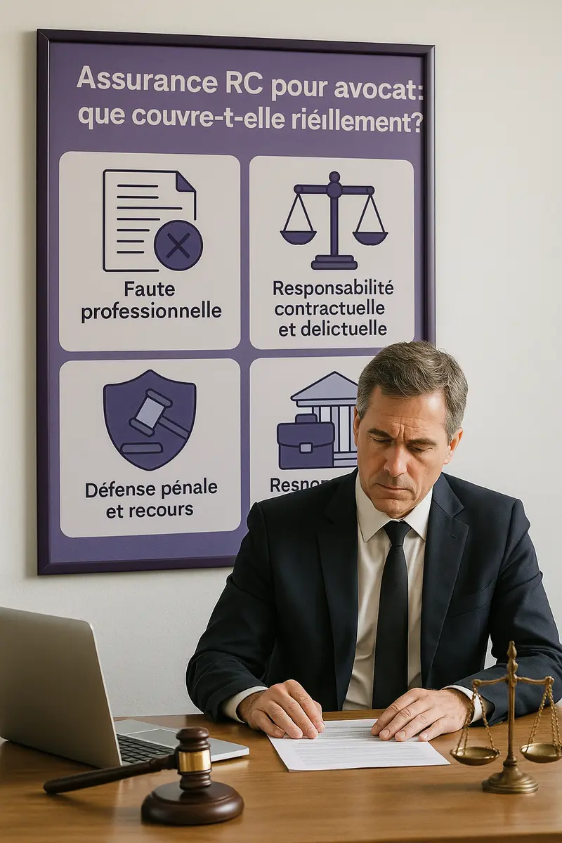 Avocat en costume bleu marine étudiant un document à son bureau, entouré d’objets professionnels comme un ordinateur portable, un maillet et une mallette en cuir, avec un panneau violet en arrière-plan affichant des questions juridiques en français.