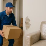 Un déménageur abîme accidentellement un mur en portant un carton, révélant le plâtre cassé, avec des meubles et des boîtes empilées autour dans une pièce lumineuse.