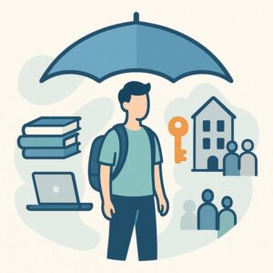 Illustration d’un étudiant protégé par un parapluie symbolisant l’assurance responsabilité civile, entouré d’éléments représentant les études, le logement et la colocation.