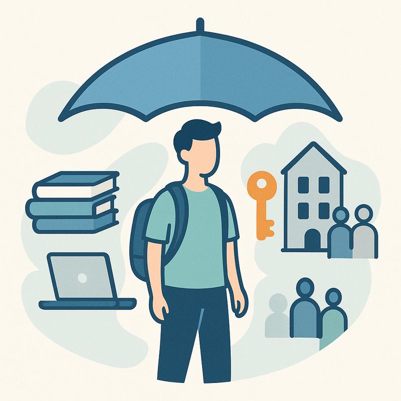 Illustration d’un étudiant protégé par un parapluie symbolisant l’assurance responsabilité civile, entouré d’éléments représentant les études, le logement et la colocation.