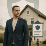 Photographie d’un propriétaire non occupant debout devant une maison, avec un symbole de bouclier en arrière-plan représentant la protection offerte par la responsabilité civile PNO.