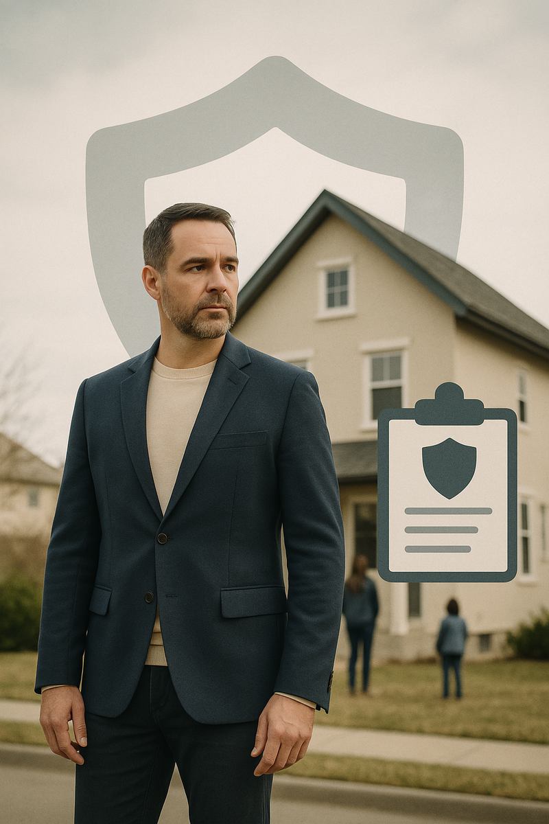 Photographie d’un propriétaire non occupant debout devant une maison, avec un symbole de bouclier en arrière-plan représentant la protection offerte par la responsabilité civile PNO.